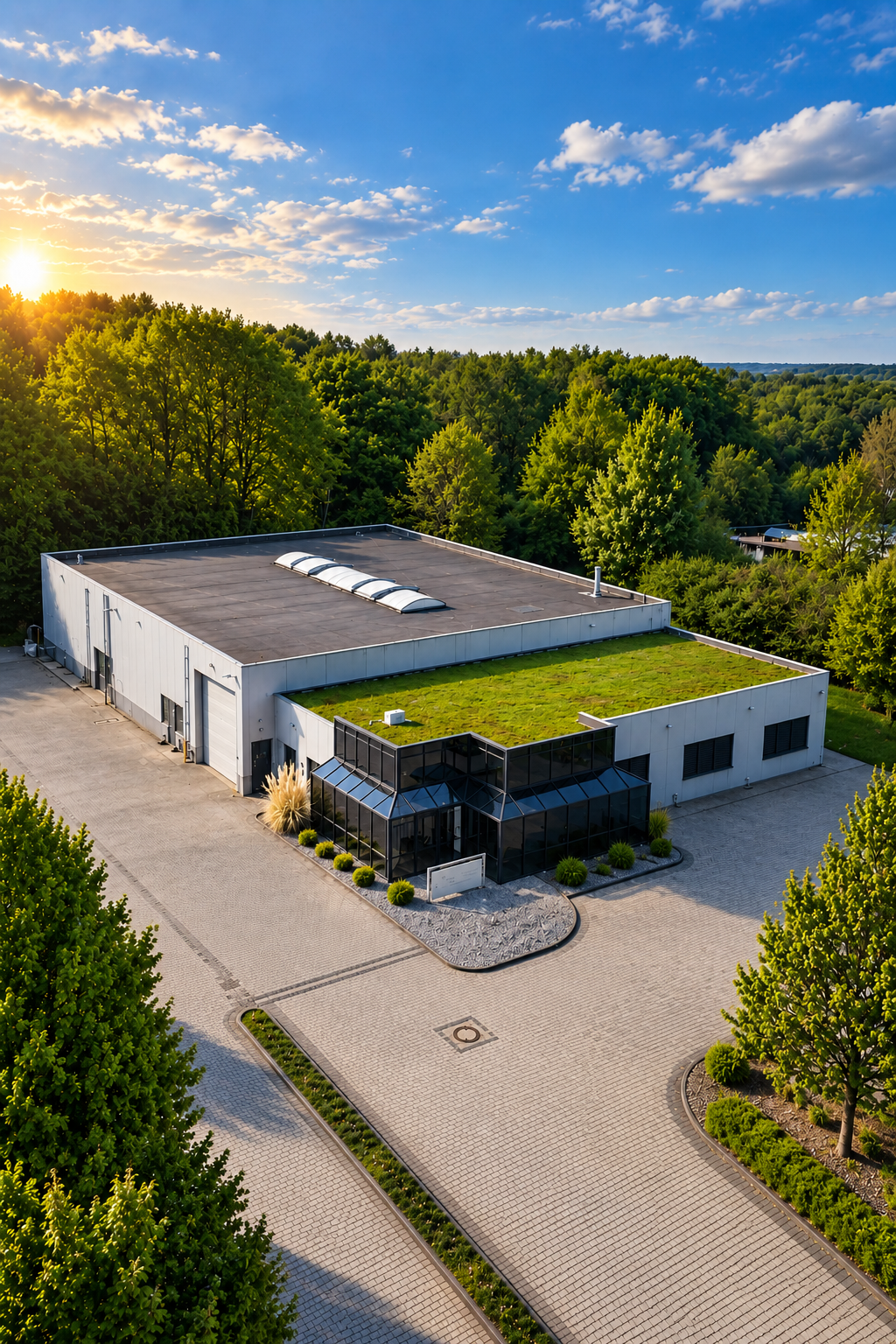 Bürozentrale der ImmoV in Gevelsberg mit verglastem Eingang und begrüntem Dach