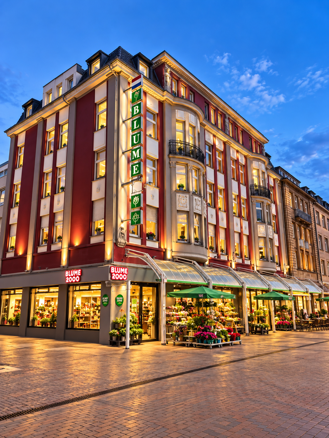 Werth 67 mit rot-heller Fassade, Erkern und Blumenladen